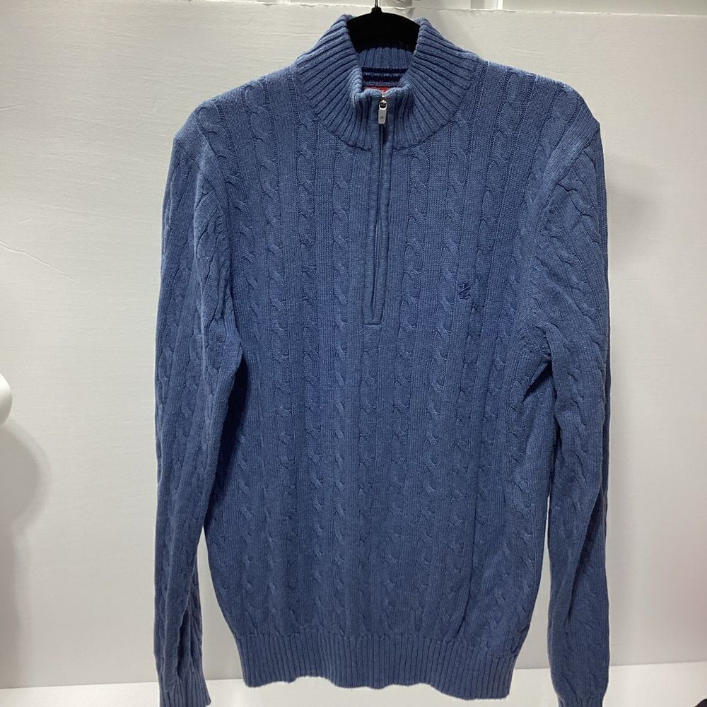 Izod Men’s Cable Knit Quarter Zip Blue Mock Neck Sweater M